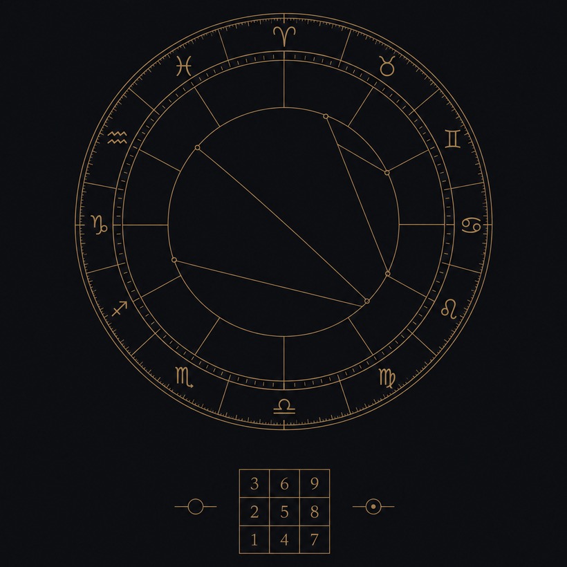 Schaubild der Berechnung: ein Kreis mit zwölf Feldern und astrologischen Zeichen, darunter ein Zahlenquadrat aus der Numerologie, gezeichnet in feinen Goldlinien.